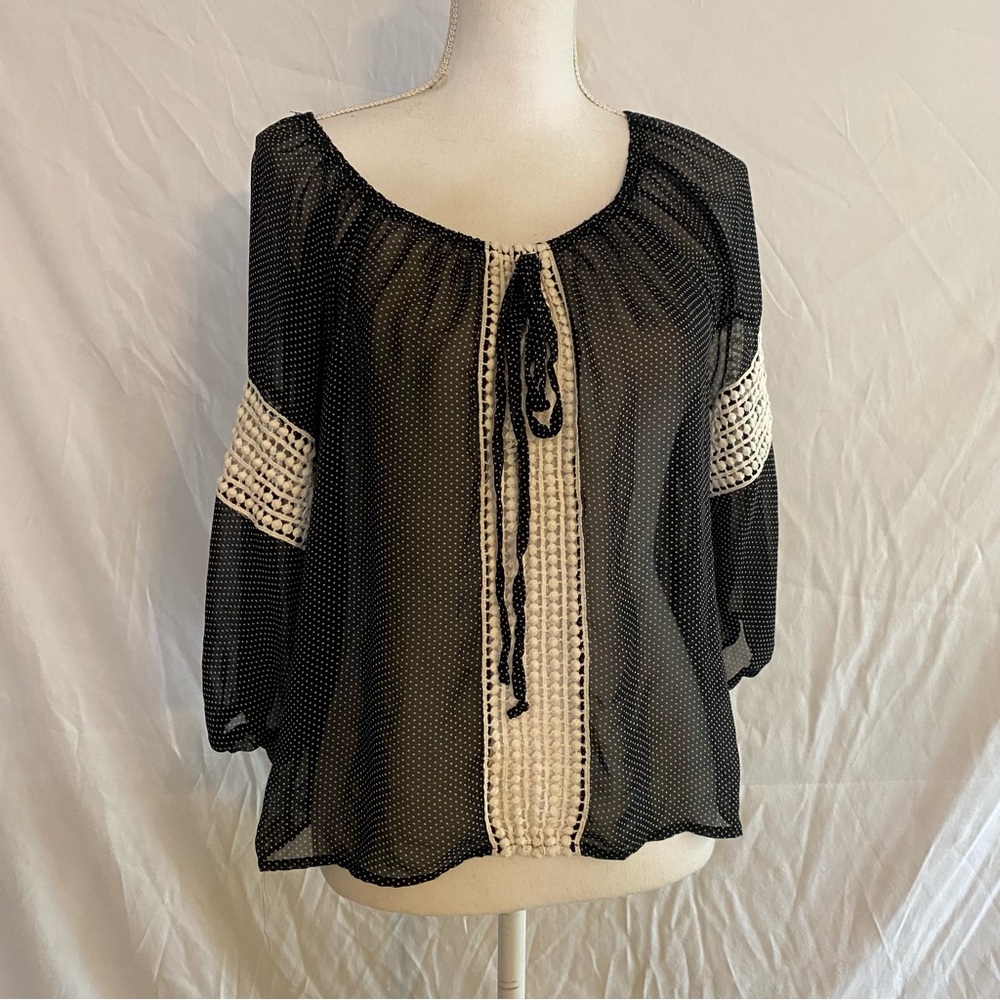 Boho Sheer Peasant Blouse navy Cream Crochet Lace Polka Dot Romantic Top m